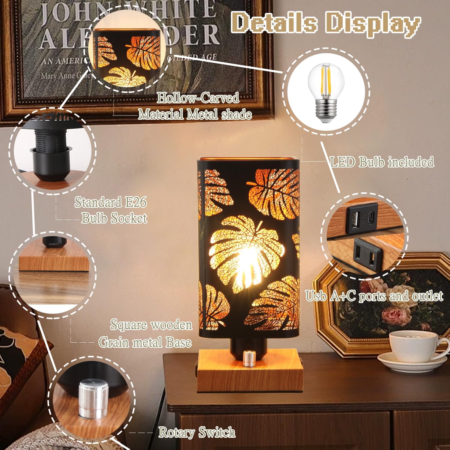Industrial Table Lamp Sets of 2 with USB Ports and Outlet, Rustic Dimmable Bedside lamp with Charging Station, Metal Square Shadow Nightstand Lamp for Bedroom Living Room End Tables