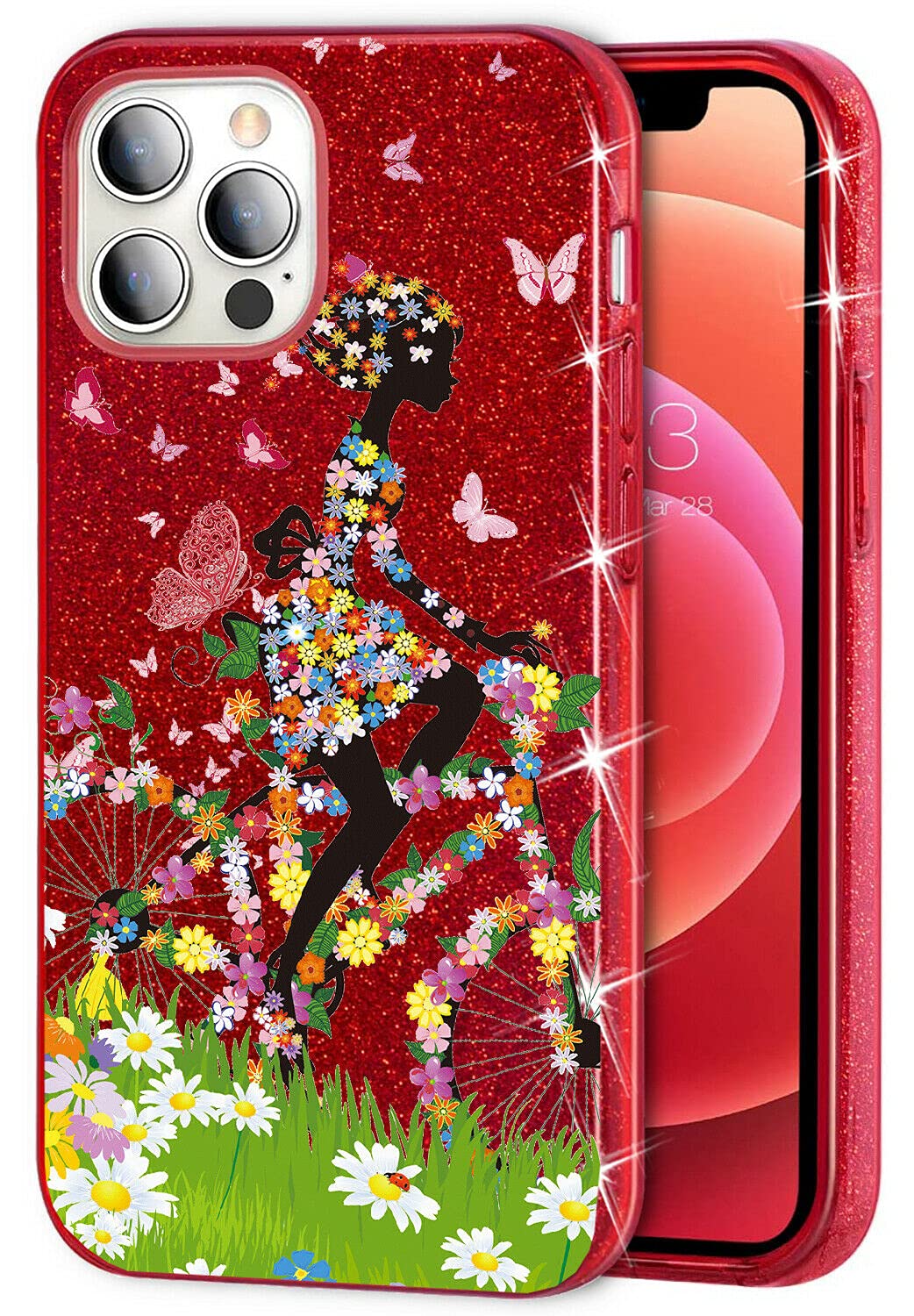 Mixroom Custodia Per IPhone 13 Pro Max - TPU Morbido Con Glitter 3 In 1, Fantasia Hamsa E Elefante Tattoo, Codice BR328, Rosso Brillantini