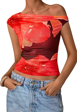 PRETTYGARDEN Women's Off Shoulder Tops 2025 Summer Floral Mesh Going Out Crop Tank Tops Asymmetrical Tight Y2K Shirts Clothes