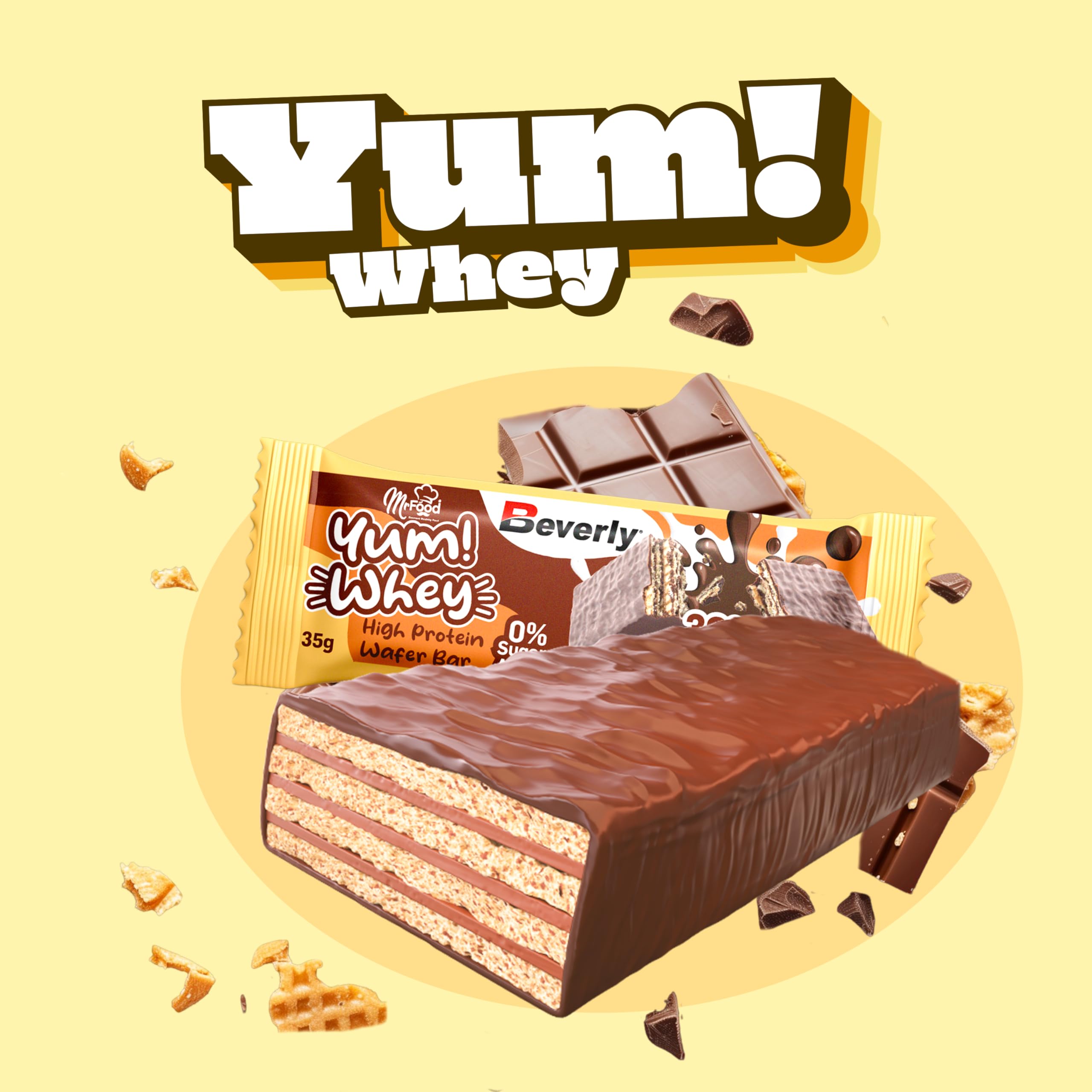 Beverly Yum Whey Bar - Deliciosa barrita protéica de barquillo de chocolate con un 30% de proteína - Estuche de 24 barritas de 35 gr - Sin azúcares añadidos y muy altas en proteína