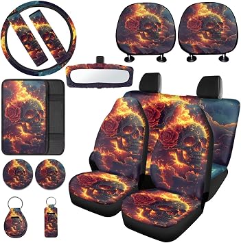 Fire Skull Rose Printed 15 Pcs Car Interior Covers Set, Protective Auto Interior Accessories Front Rear Seat Covers Steering Wheel Protector Seat Belt Pads Car Coaster