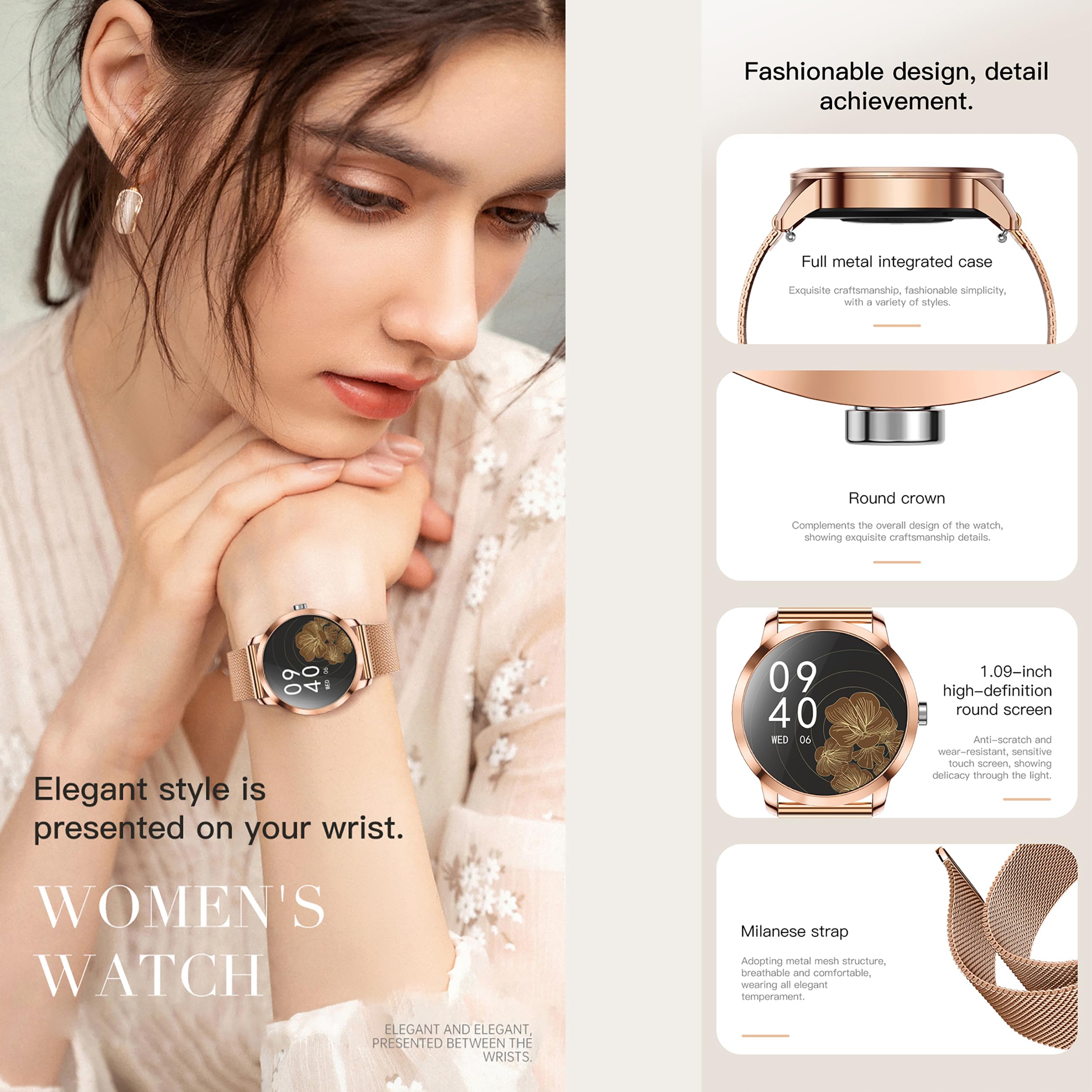 Reloj Inteligente para Mujer con Linterna de Llamadas Bluetooth, batería Grande, 1,27 Pulgadas, AMOLED 5 ATM, Reloj de Fitness con SpO2, medición de presión Arterial (Dorado)