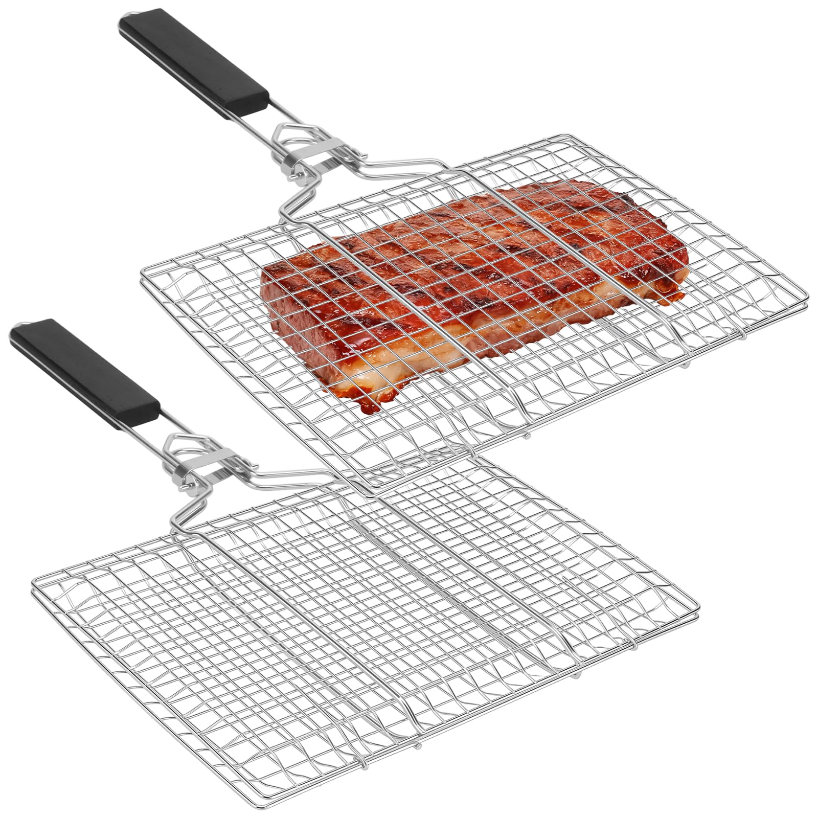 Lot de 2 paniers à barbecue pliables en acier inoxydable avec poignée amovible - 33,5 x 22 cm - Pour poissons, légumes