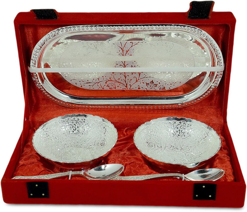 Richi Rich Silver And Gold Plated Brass Bowl And Tray Set Of 5 Pcs, Floral, 250 Milliliter - 250 Ml