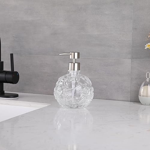 Miniatura 4 de Dispensador de jabón de vidrio floral transparente, dispensador de jabón recargable para baño, cocina y encimera, diseño elegante y duradero,