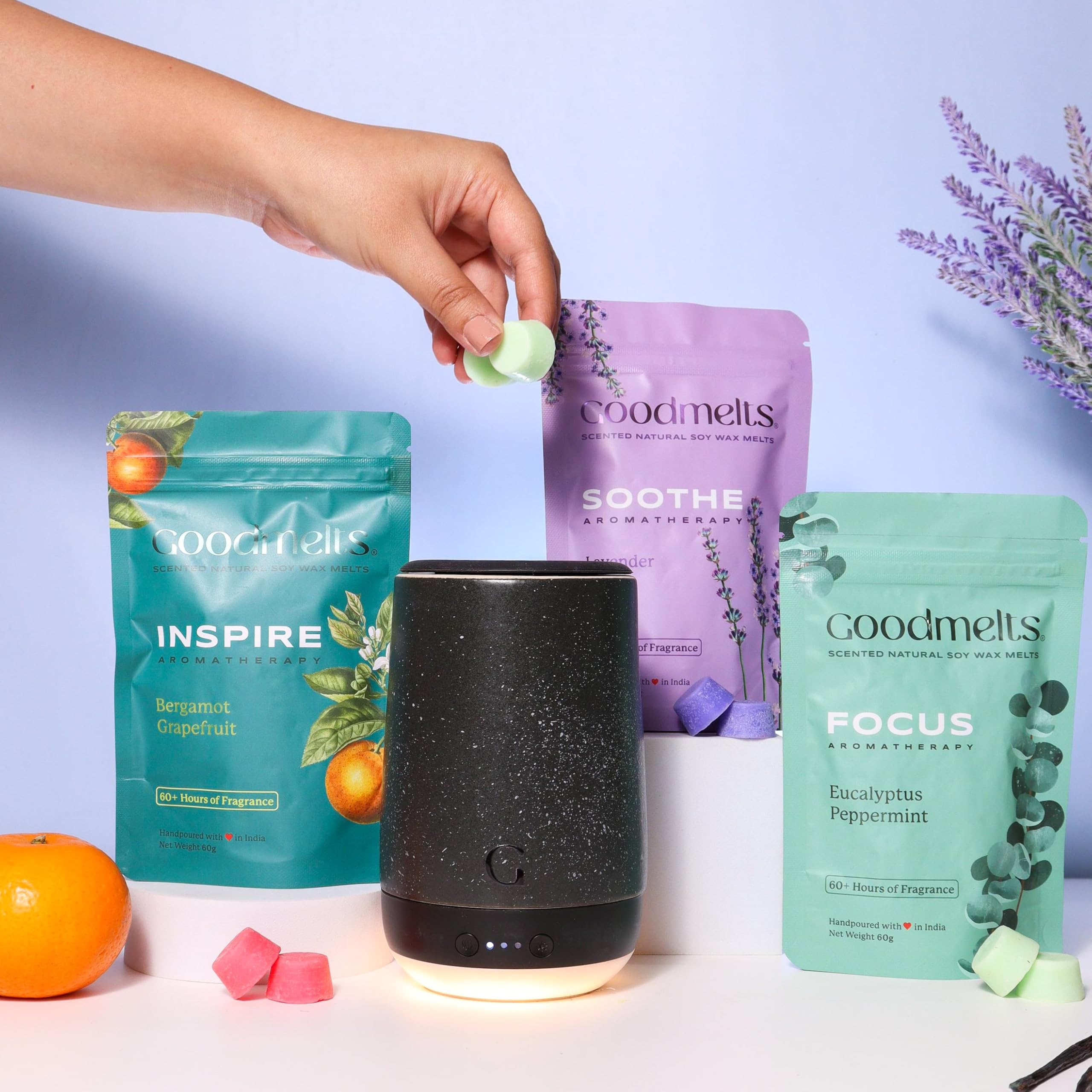 Aura Aromatherapy Midnight Wax Melting Starter Kit - Ceramic Aroma Diffuser with 1 WaxWarmer & 3 Scented Soy WaxMelts (180+ Hours Scent Time) - Safe, Smoke-Free, Natural Fragrance for Home