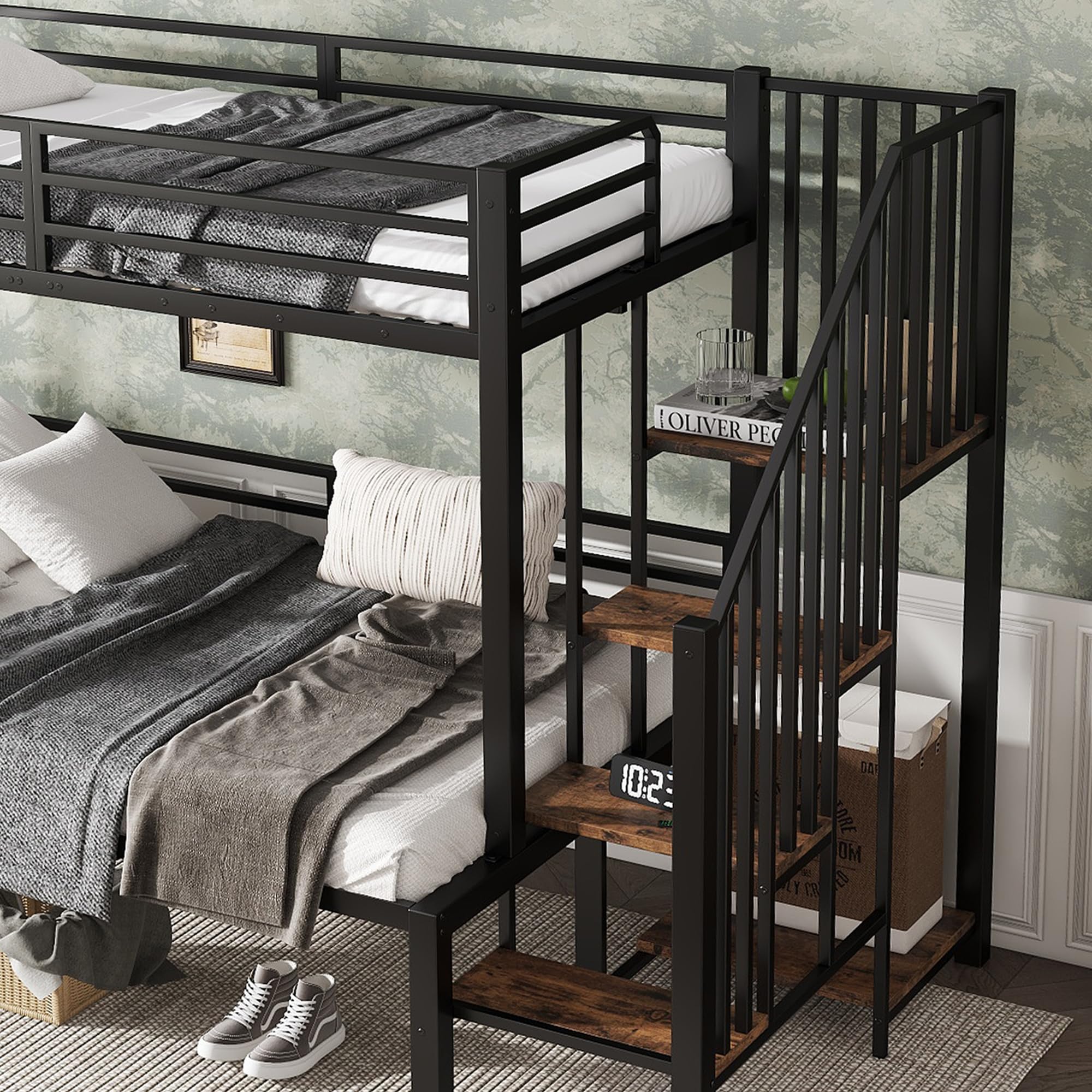 LAKFEW Litera de Metal 90x200 & 120x200 cm con Escalera y Barandilla Anticaída, Cama Infantil con Estante, Cama para Niños, Literas para Adultos, Literas Juveniles, Negro, Sin Colchon