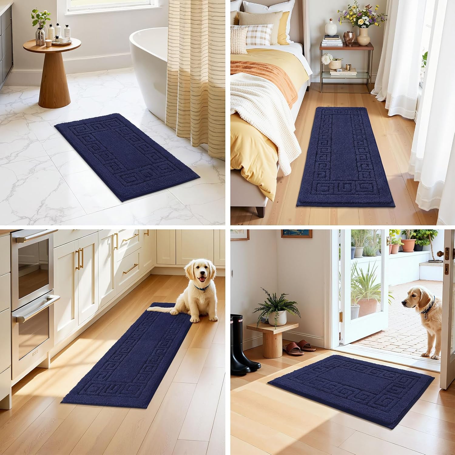 Pauwer Bathroom Rugs Sets 3 Piece Non Slip Washable, Absorbent Microfiber Bath Mats for Bathroom Shower Rug Runner Quick Dry, Plush Super Soft U Shaped Toilet Mats Floor Carpet, Navy