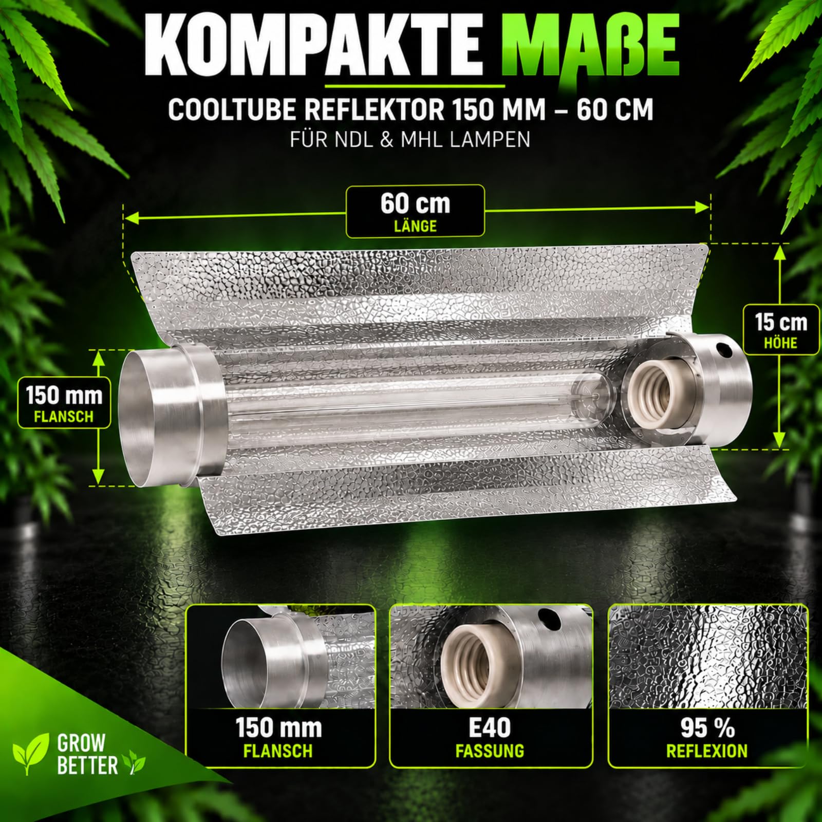 Weedness Cooltube Réflecteur Croissance 150 mm Flasque 59 cm Long - Lampe Éclairage NDL & MHL E40 Douille Lampes Verre 600w Plantes