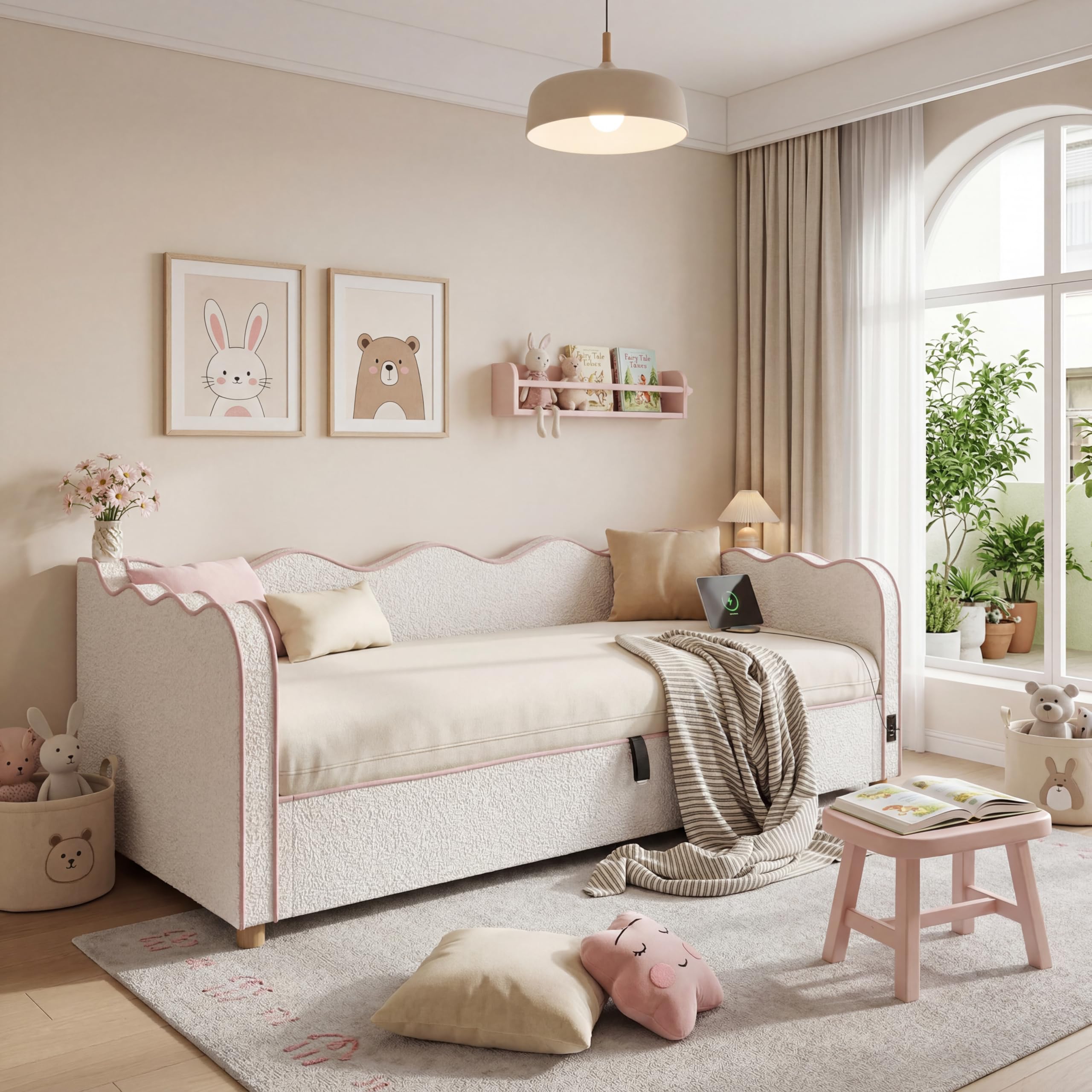 Sofá Cama 90x200 Tapizado Bouclé Cama Canapé sin Colchón Single Bed con Almacenamiento Integrado con Somier de Lamas con Elevación Hidráulica para Dormitorio Beige