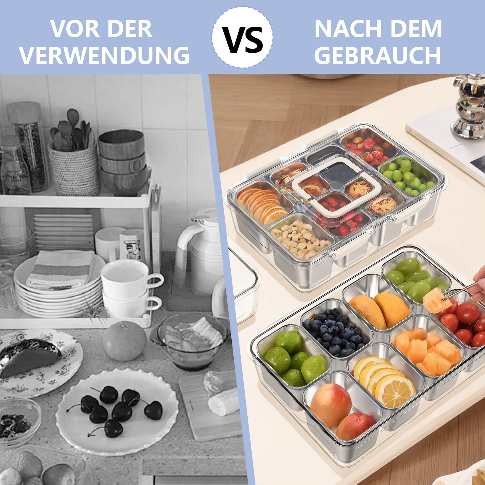 JINDUN Snackbox mit 8 Edelstahl Fächern, Snackteller mit Griff und Deckeln