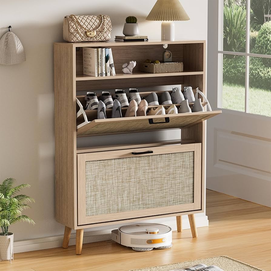 Rattan Shoe Cabinet with 2 Flip Drawers Freestanding Shoe Storage Cabinet for Entryway Slim Hidden Shoe Cabinet with Open Shelf Boho Shoe Rack Cabinet for Hallway, Natural Oak