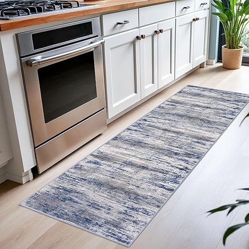 Miniatura 4 de KOZYFLY Alfombra de pasillo moderna abstracta de 2 x 6 pies, lavable, antideslizante y suave, con diseño de rayas gris azuladas, ideal para cocina,