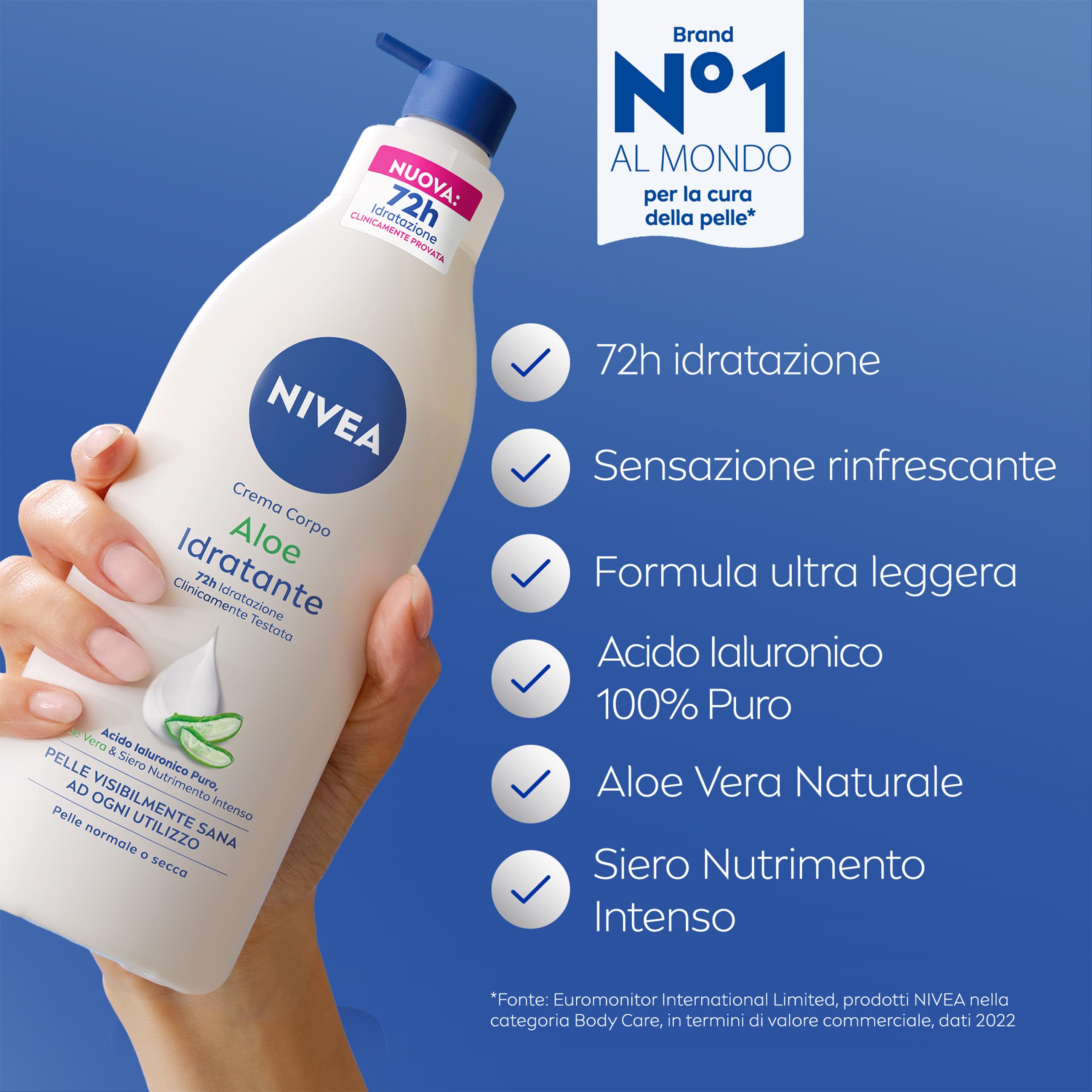 NIVEA Crema Corpo Aloe Idratante 500 ml, Crema idratante corpo 72h arricchita con Acido Ialuronico Puro, Aloe Vera e Siero Nutrimento Intenso, Crema corpo idratante pelle secca o normale