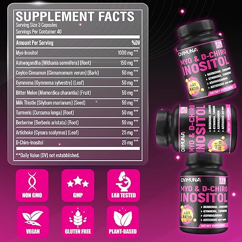 Miniatura 4 de Suplemento de inositol - Myo-inositol y D-Chiro Inositol Plus Ashwagandha, berberina, canela y 5 Mores - 120 cápsulas