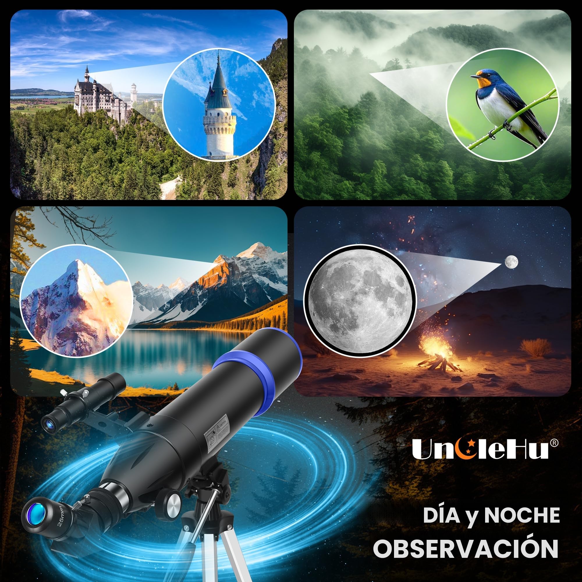 Telescopio para astronomía para Adultos y niños Principiantes, 180x, telescopio Refractor astronómico Profesional 80mm de apertura/600mm, telescopio portátil de Viaje para observación terrestre&Lunar