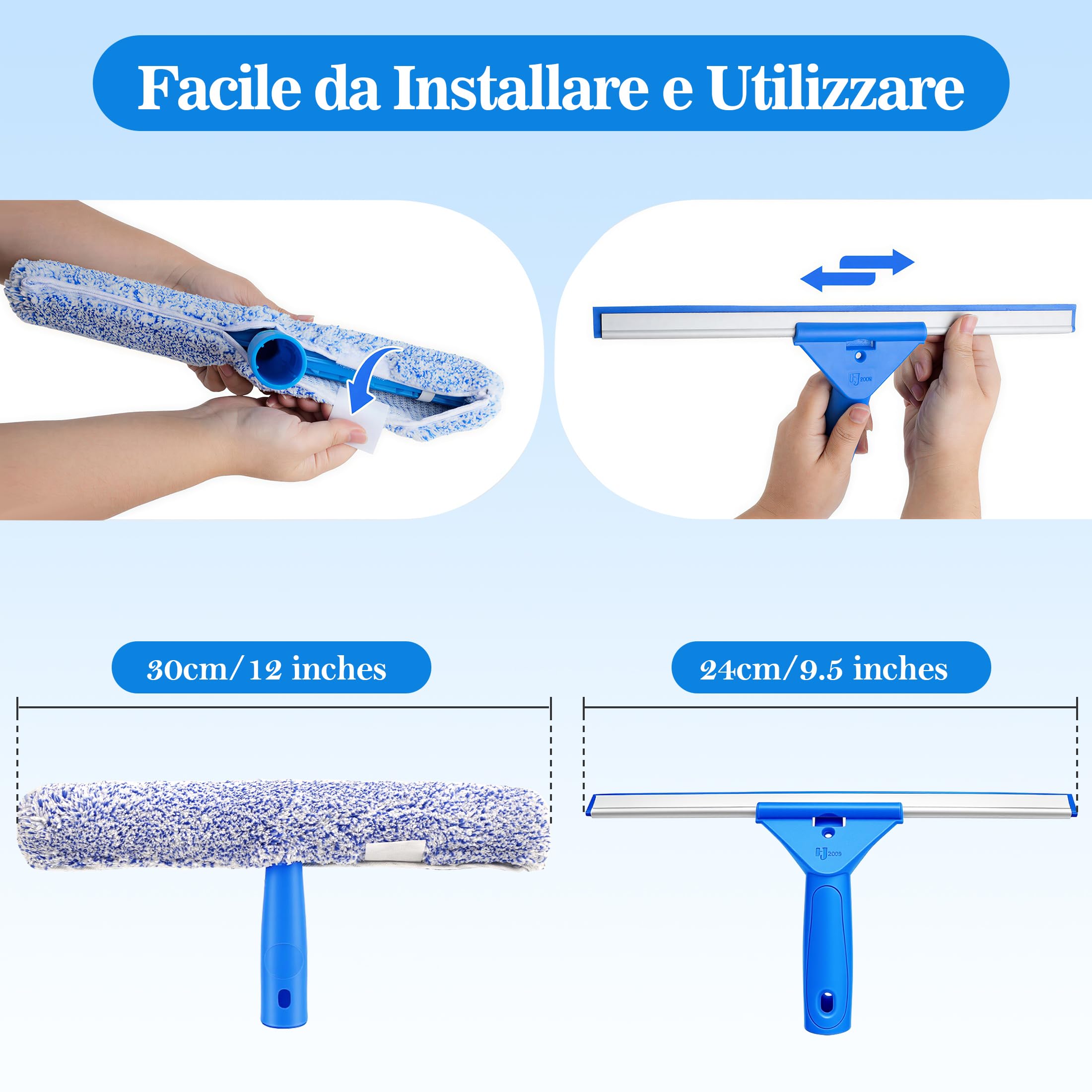 Lavavetri Telescopico Professionale 2 in 1 con Spazzola e Tiraacqua per Vetri, Kit Pulizia Vetri Finestre, Doccia, Auto e Specchi, Panno in Microfibra Senza Aloni e Lama in Silicone