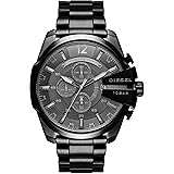 Diesel Reloj para hombre Mega Chief, movimiento cronógrafo de cuarzo, caja de acero inoxidable plateado de 59 mm con correa de acero inoxidable, DZ4308 Carbón