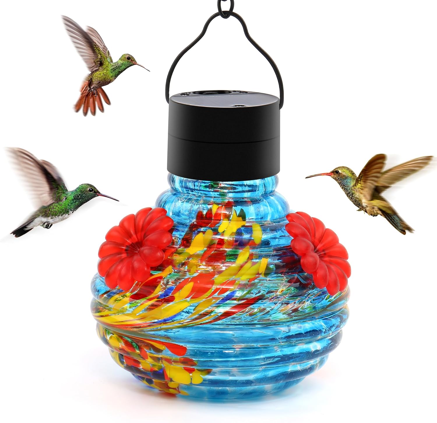 VOREEN Hand Blown Glass Solar Hummingbird Feeder for Outdoor Garden, Waterproof 17oz Hanging Feeder with Colorful Tail Pattern & LED Light, Daytime Bird Feeder & Night Decorative Lantern