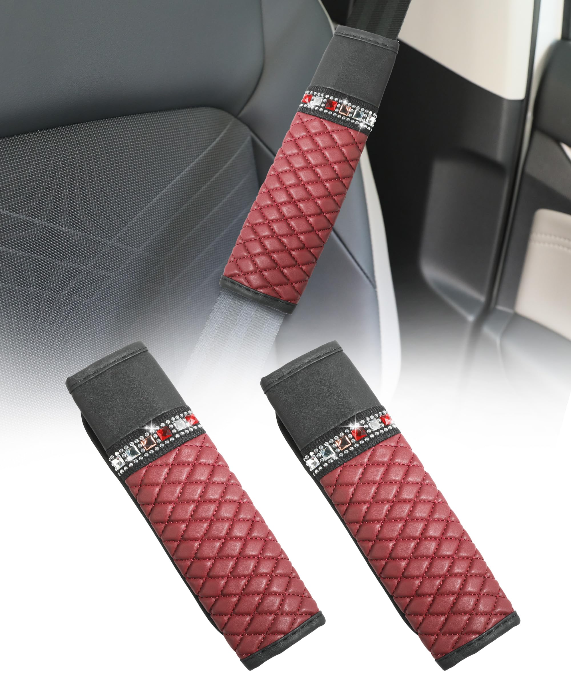 AOCISKA2Pcs Car Seat Belt Cover Pads,Auto Seat Belt Cover,Seatbelt Shoulder Seatbelt Pads Cover for a More Comfortable Driving,Sparkling Rhinestone Shoulder Strap (Wine Red)