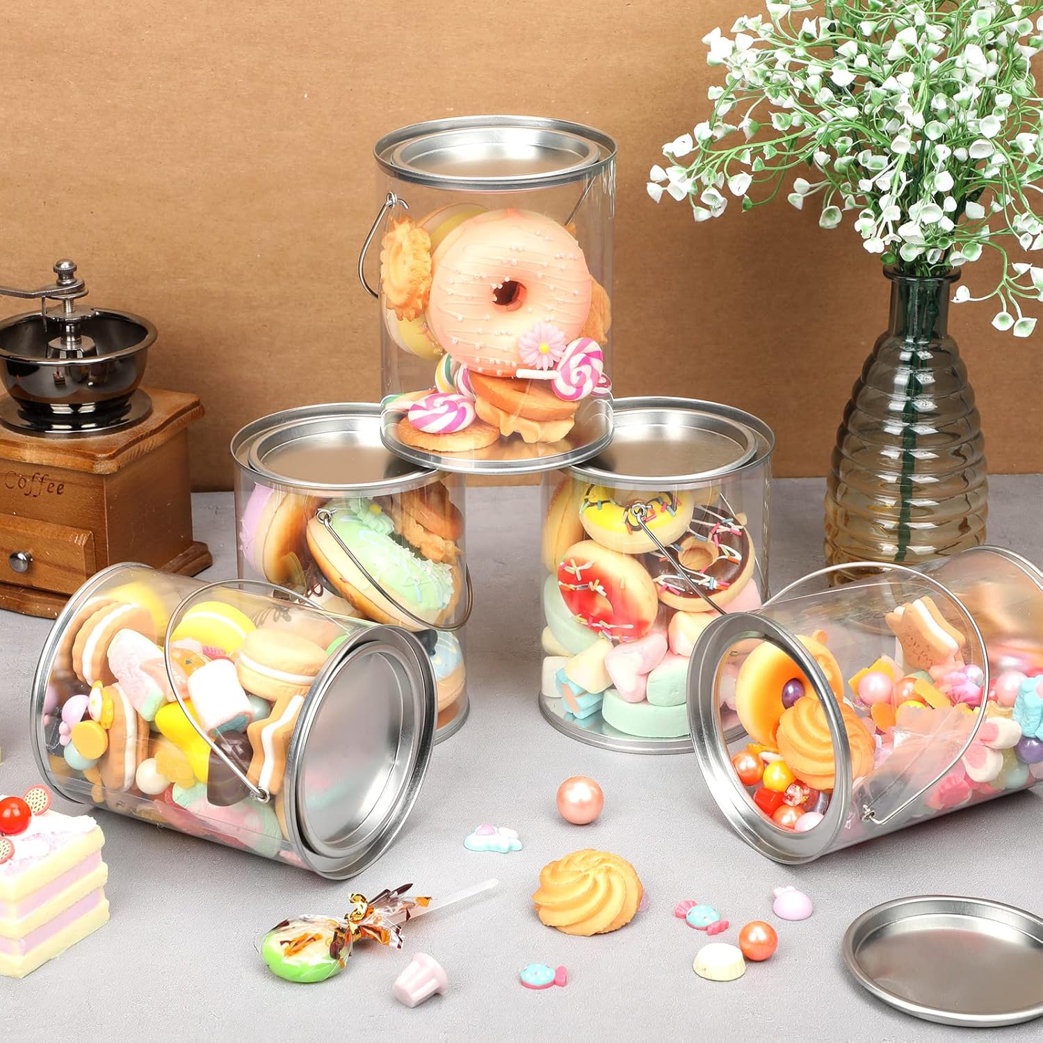 Yalikop 12 Pack Clear Paint Cans with Metal Lids, Plastic Empty Storage Bucket Paint Can Containers and Handle for Putting Candy, Party Favors Cans, Decor and DIY Projects (5 Inch Tall)