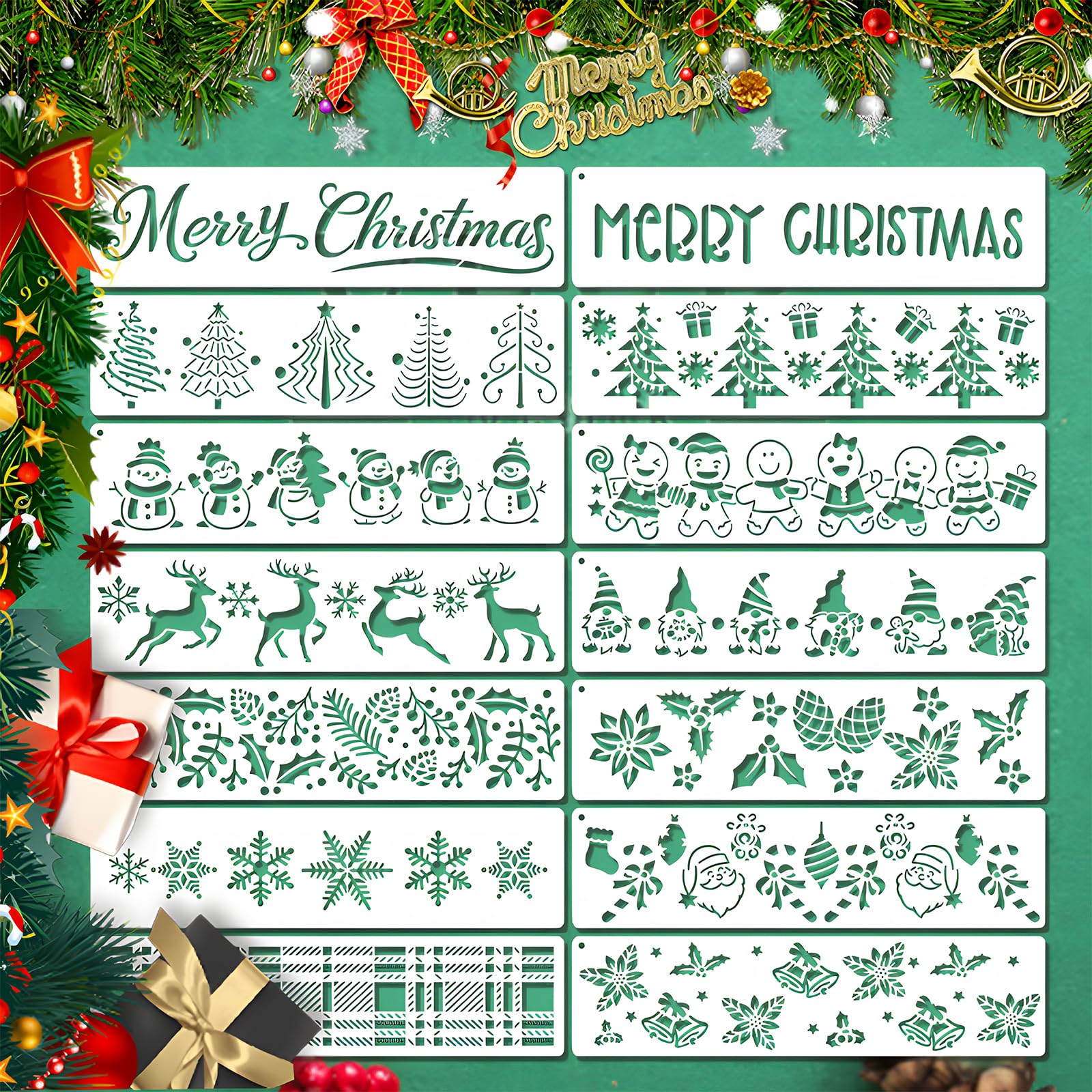 14 Stück Weihnachts Schablonen Set – Farbige Malvorlagen für Fenster, Karten, Stoff & Holz – Wiederverwendbare Kunststoff-Schablonen für DIY Weihnachtsdeko