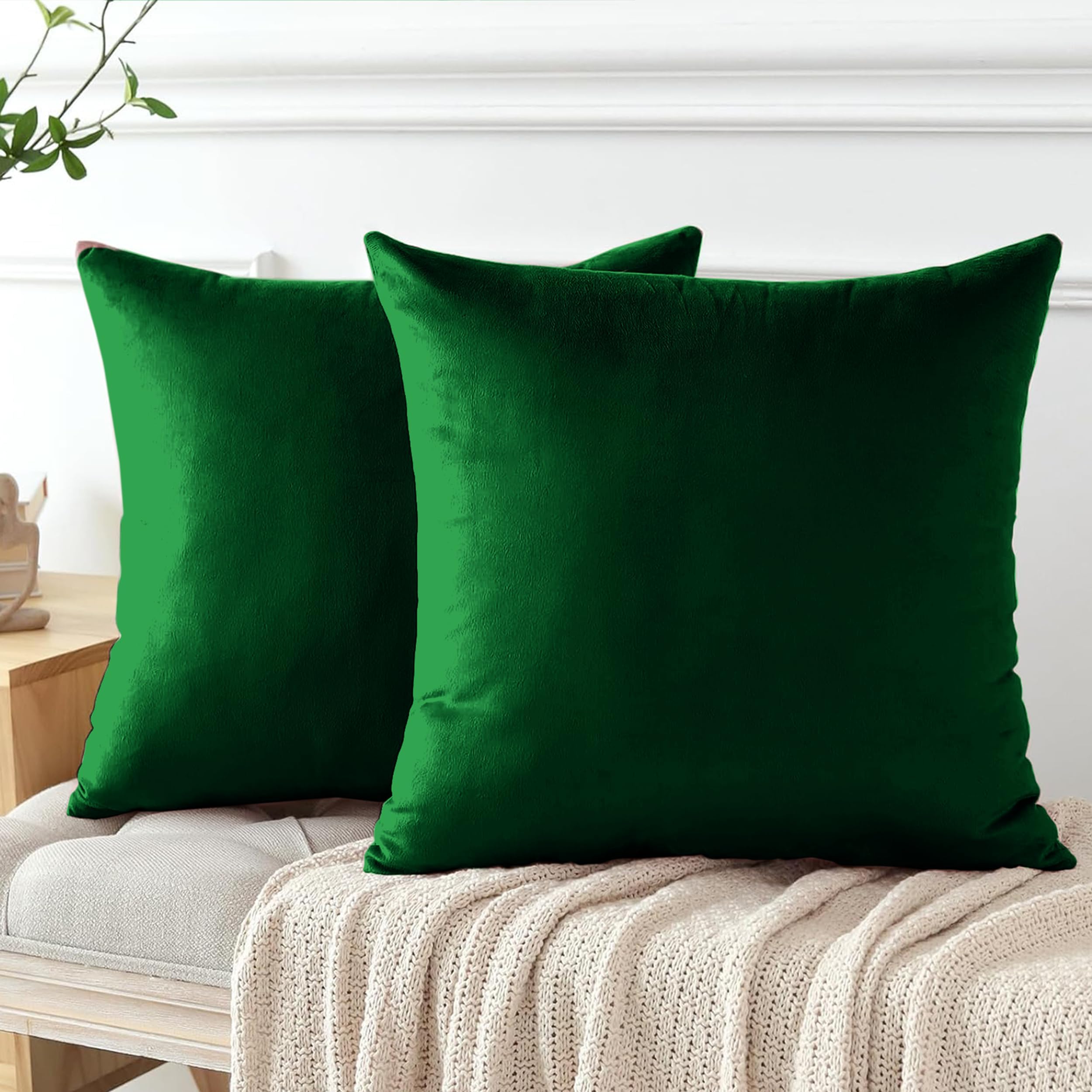 Dark Green Velvet Cushion Covers 45cm x 45cm - Pack of 2 Sofa Livingroom Bedroom with Invisible Zipper Cushions Covers 18"x18"