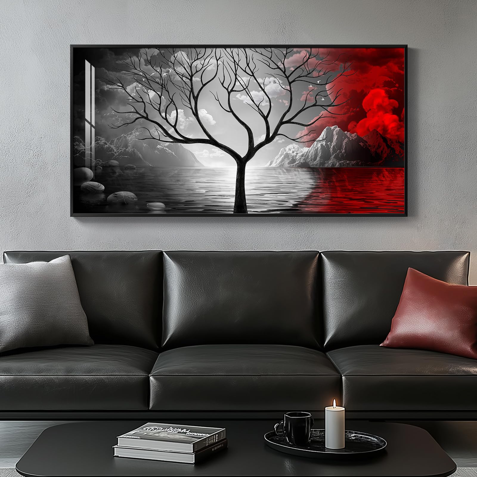 Framed Black and White Wall Art for Living Room, Large Red and Black Artwork for Walls, Modern Painting Dark Wall Art Prints for Home Office, Hallway,