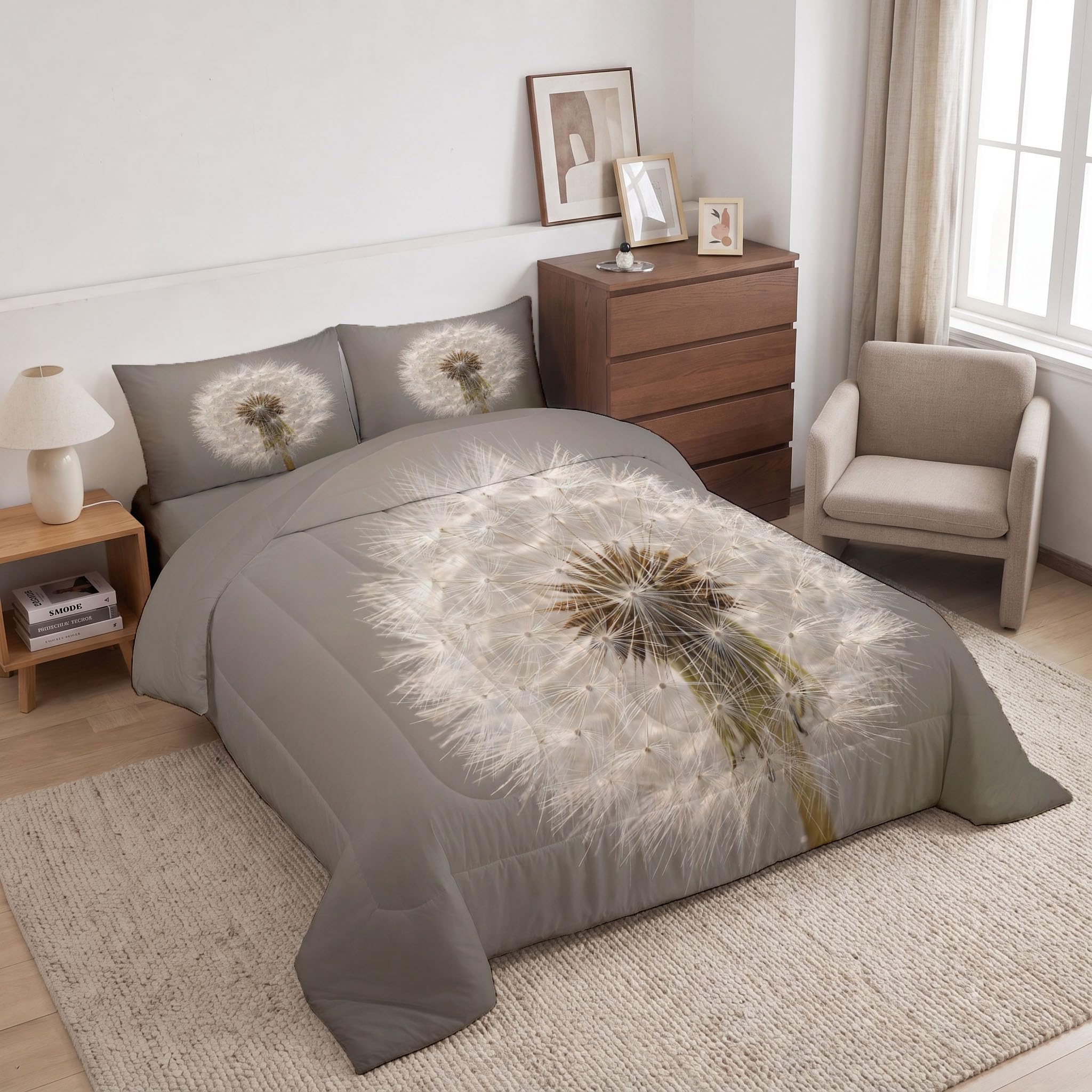 Bettdecke Ohne Bezug Löwenzahn 140x200cm | 4 Jahreszeiten Waschbare Bettdecken Minimalistischer Botanischer Realismus Warme Steppdecke - Weiche Wendebettwäsche Mit 2 Kissenbezug