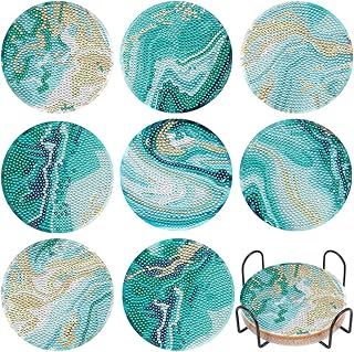 8 Pcs Diamond Painting Coasters with Holder, DIY Teal Marble Ocean Diamond Art Coasters for Drinks Diamond Painting Kits for Beginners, Diamond Art Kits Craft Supplies for Adults Kids, Coasters Gift