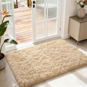 MOONLIGHT20015 Small Bedside Shaggy Rugs for Bedroom Living Room 2x3 ft, Fluffy Throw Rug for Entryway Indoor Floor Carpet, Fuzzy Shag Rug for Nursery Girls Boys Kids Rooms, Home Decor, Beige