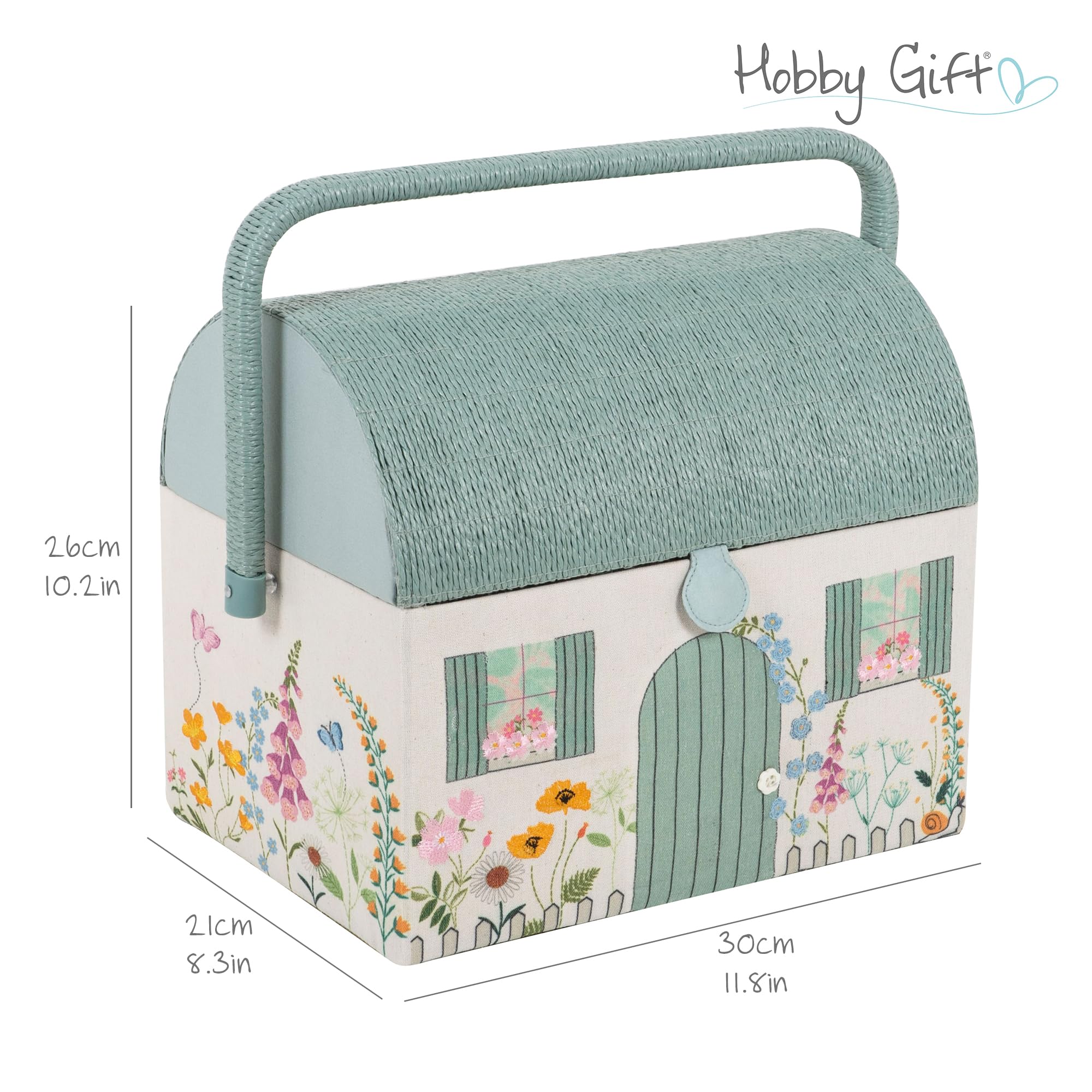 Hobby Gift Haftowana skrzynka na przybory do szycia - rustykalny styl wiejski z kwiatowym wzorem, wiklinowy dach i uchwyt, zawiera wewnętrzną plastikową tackę z przegródkami 21 30x26cm