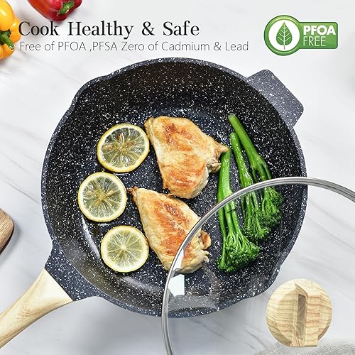 Miniatura 4 de Sartén profunda antiadherente con tapa y colador, sartén de 12 pulgadas  5.5 cuartos de galón, sartén de granito antiadherente para cocinar, sartén