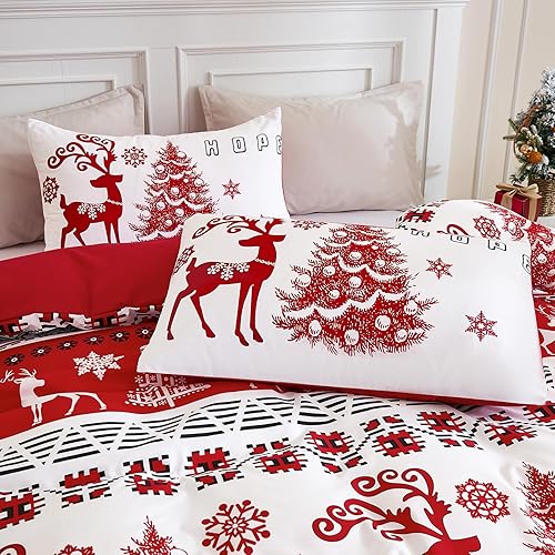 Miniatura 7 de WONGS BEDDING Juego de funda de edredón de Navidad tamaño individual, 2 piezas, estampado de copos de nieve y ciervos rojos, funda de edredón con