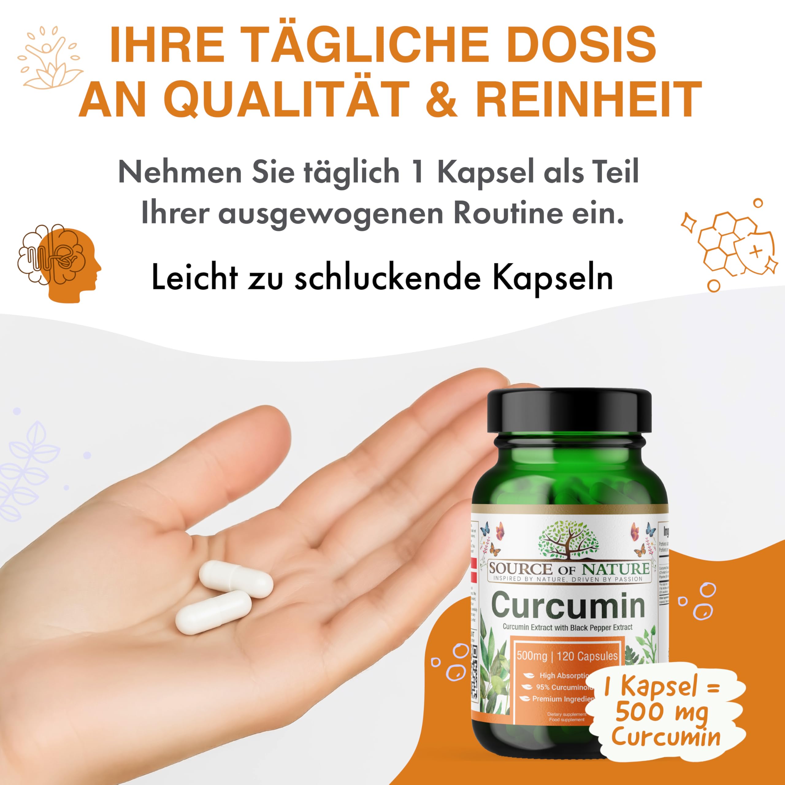 Source of Nature® | 500mg Kurkuma-Extrakt | 120 Kapseln | +95% Reine Curcuminoide | Hergestellt in der EU | Mit BioPerine® (Schwarzer Pfeffer-Extrakt) zur Absorption | Aus Kurkuma | Hochdosiert