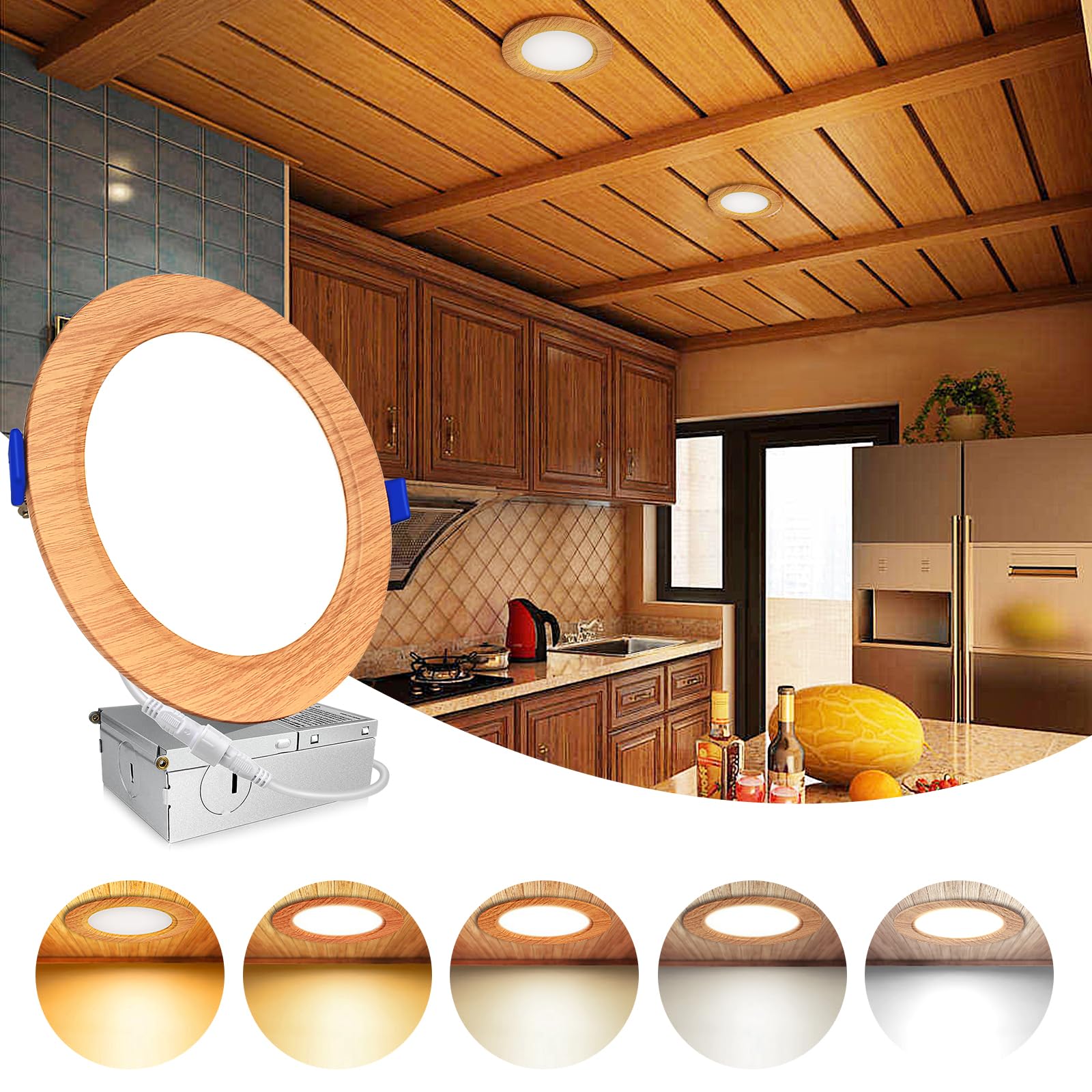 6inch 12Pack Wood Grain Dimmable Recessed Lighting 5CCT 1200LM