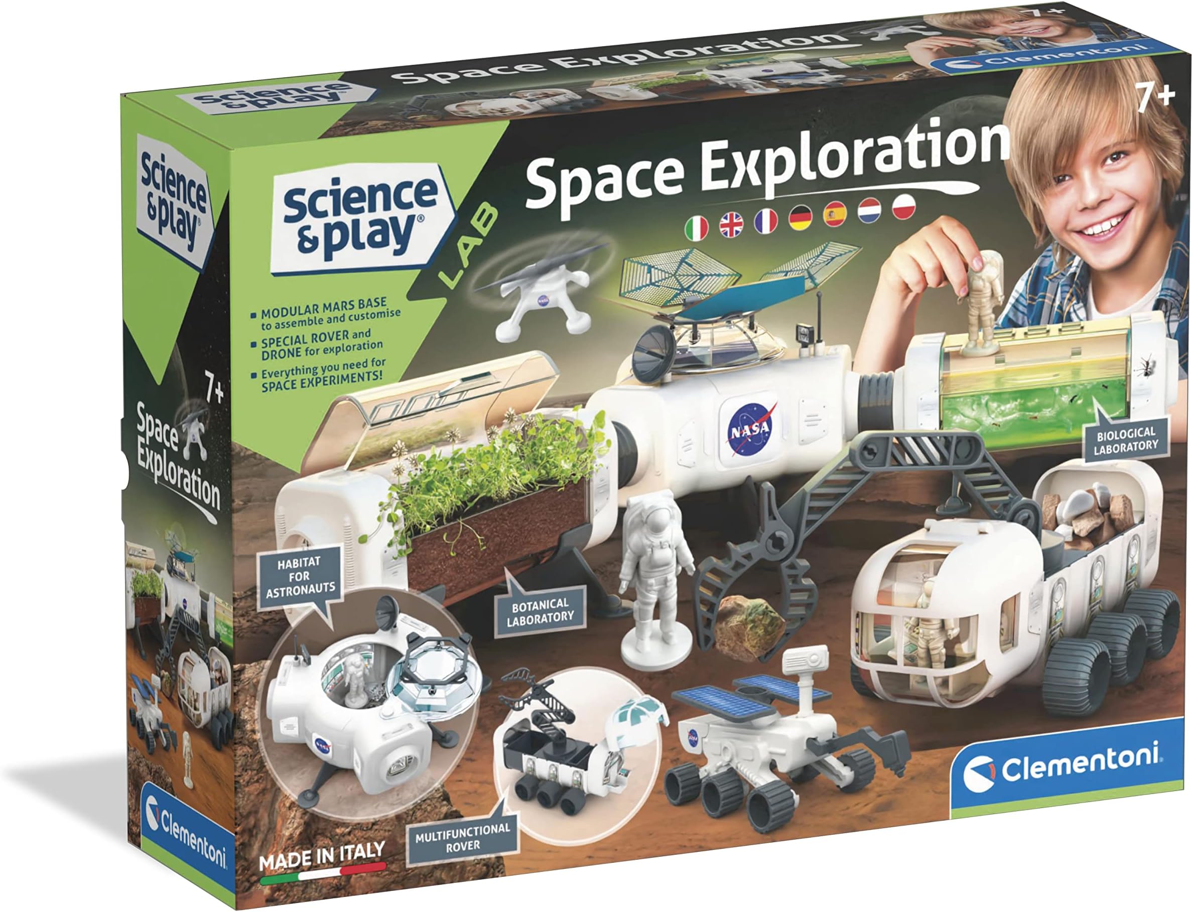 Clementoni - Science & Play - NASA Space Exploration - Science Game 7 Years (Italian, English, French, German, Spanish, Dutch, Polish), Made in Italy, Multicolor, 19312