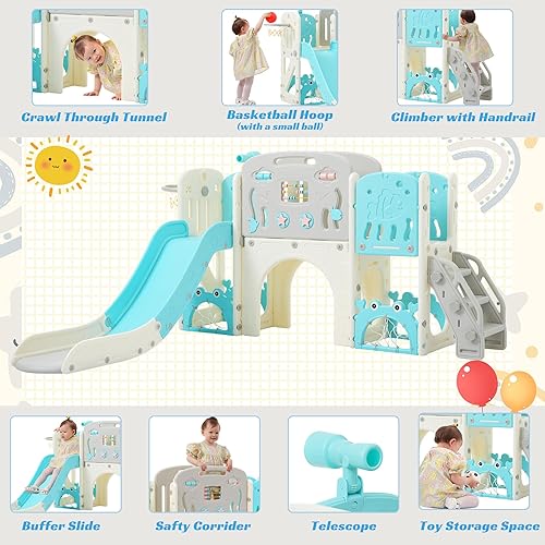 Miniatura 4 de Tobogán infantil 11 en 1, tobogán para niños pequeños de 1 a 3 años con telescopio, aro de baloncesto y telescopio, juego para interiores y