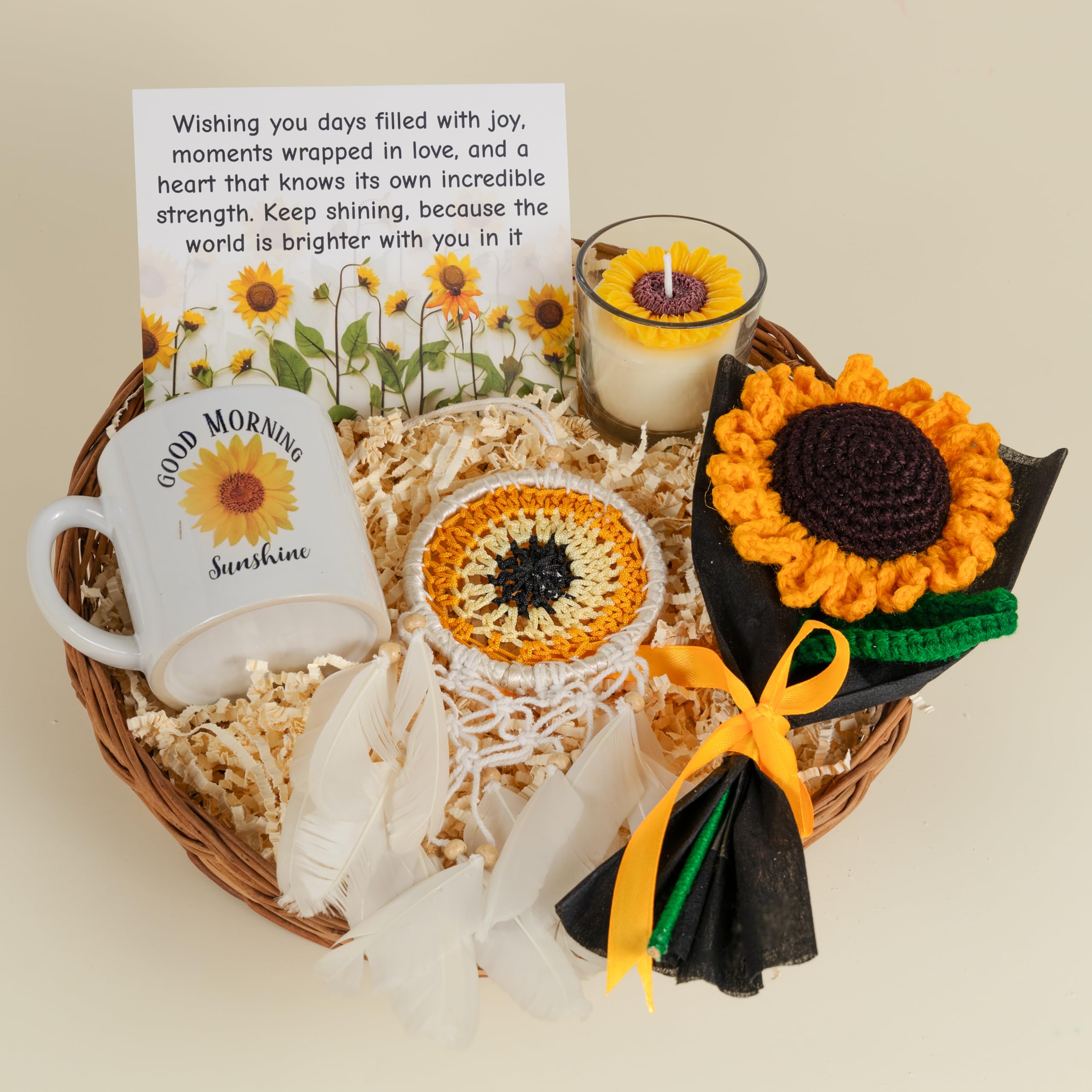 Rarejoy Gifts for Women, Combo Set of 5 Items Includes Forever Sunflower Crochet, Handmade Dreamcatcher, Luxury Scented Candle, Ceramic Mug, Greeting Card, Valentine and Anniversary Gift
