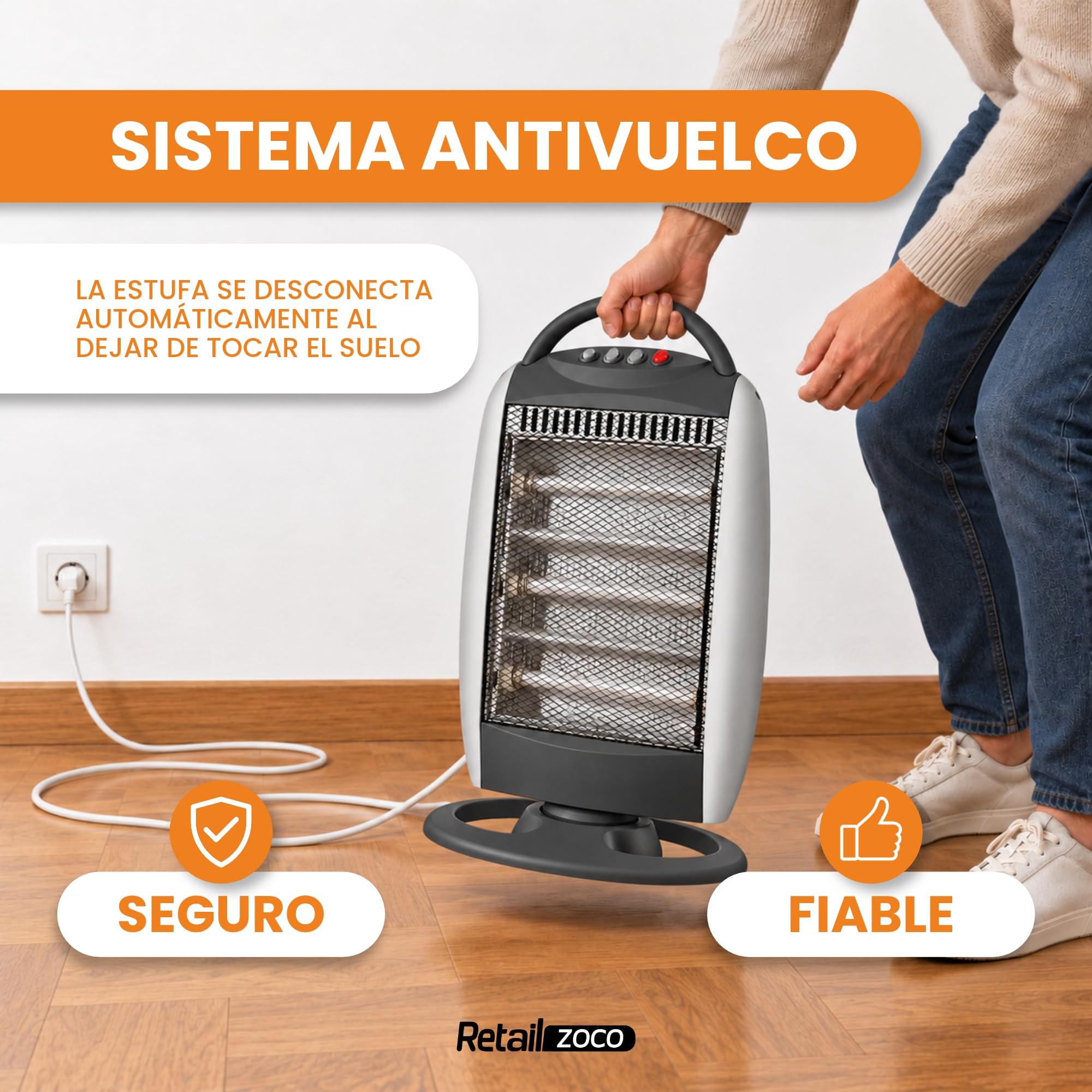 Estufa Halógena Oscilante 400/800/1200 W con Antivuelco y Asa, Negro - imagen 5