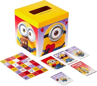 Minions Valentines Day Cards and Mailbox for Kids School Classroom Exchange (1 Box, 32 Valentine Cards, 35 Stickers, 1 Teacher Card)