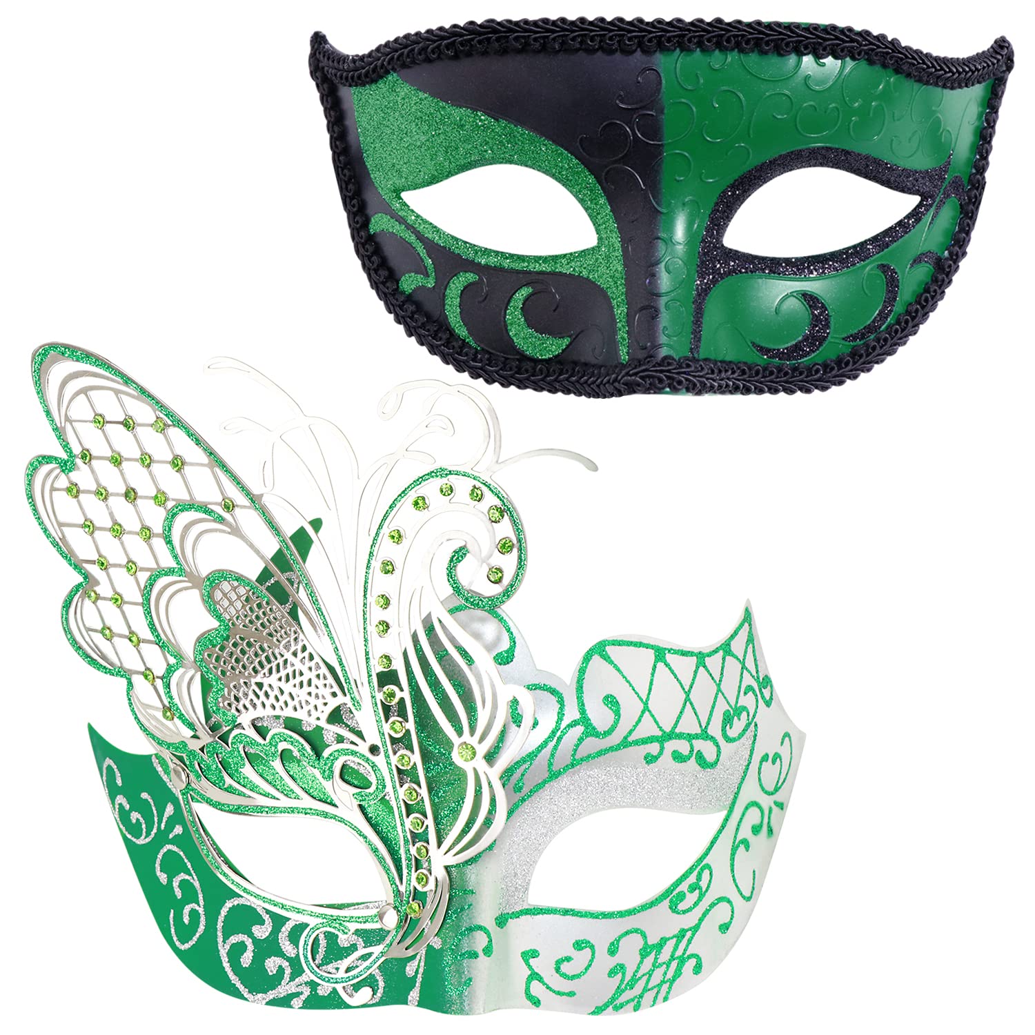 Coddsmz Couple Masquerade Metal Masks Venetian Halloween Costume Mask Mardi Gras Mask Cosplay Party Costume Ball Wedding Party Mask (2 Pack Green-02)