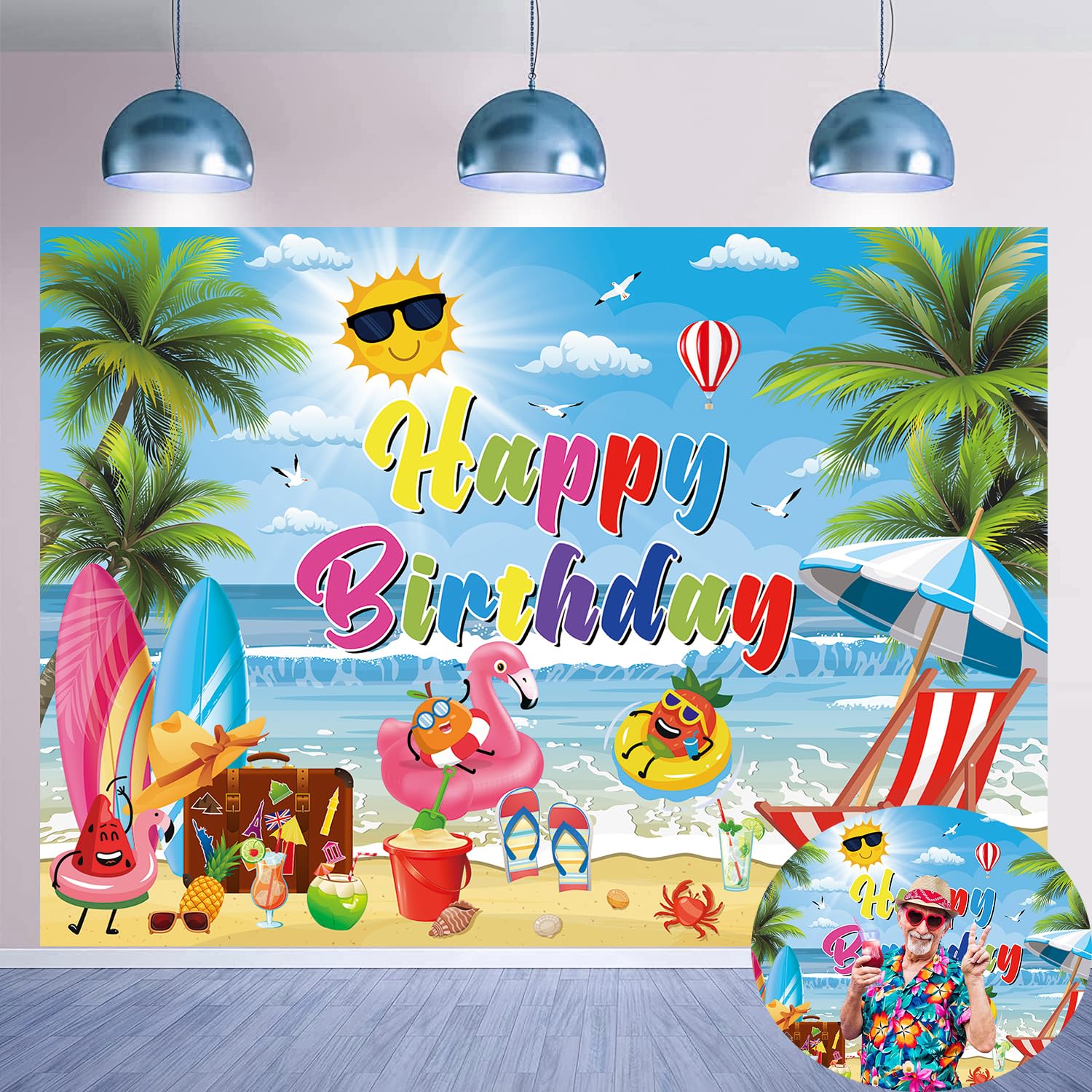 Summer Happy Birthday Backdrop 7x5FT Tropical Hawaiian Beach Photography Background Summer Pool Party Birthday Party Decoration Supplies