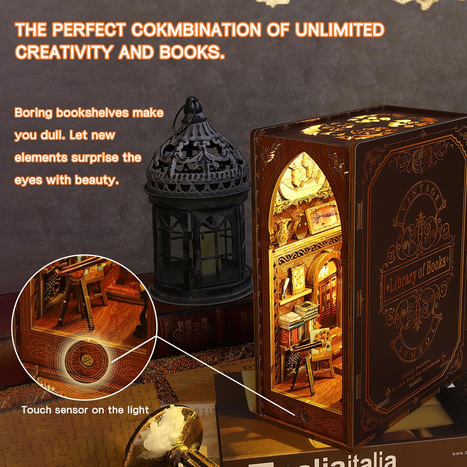 Losbenco Book Nook Kit, DIY Dollhouse Booknook Bookshelf Insert Decor Alley, DIY Book Nook Miniature Kit with Lights, 3D Wooden Puzzle Decorative Bookend Miniature Model Kits for Kids/Adults