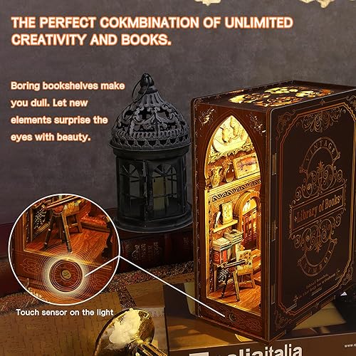 Miniatura 5 de Losbenco Kit de rincón de libros, casa de muñecas de bricolaje, estante de libros, decoración de callejón, kit en miniatura de rincón de libros con