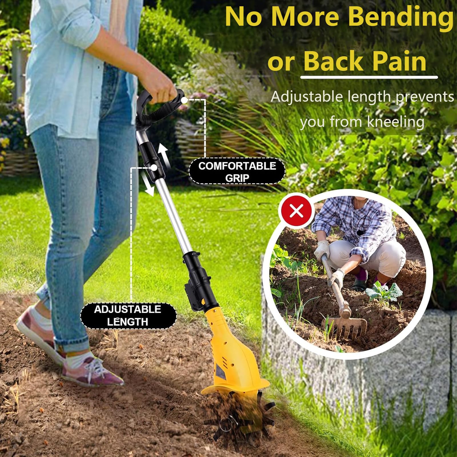 Cultivador De Mano, Cultivador Rotativo De JardíN con BateríA, Rotocultivador, Mini Herramienta De Labranza De Desmalezado InaláMbrica para JardineríA, Tierra Arenosa, Suelo Suelto,Yellow