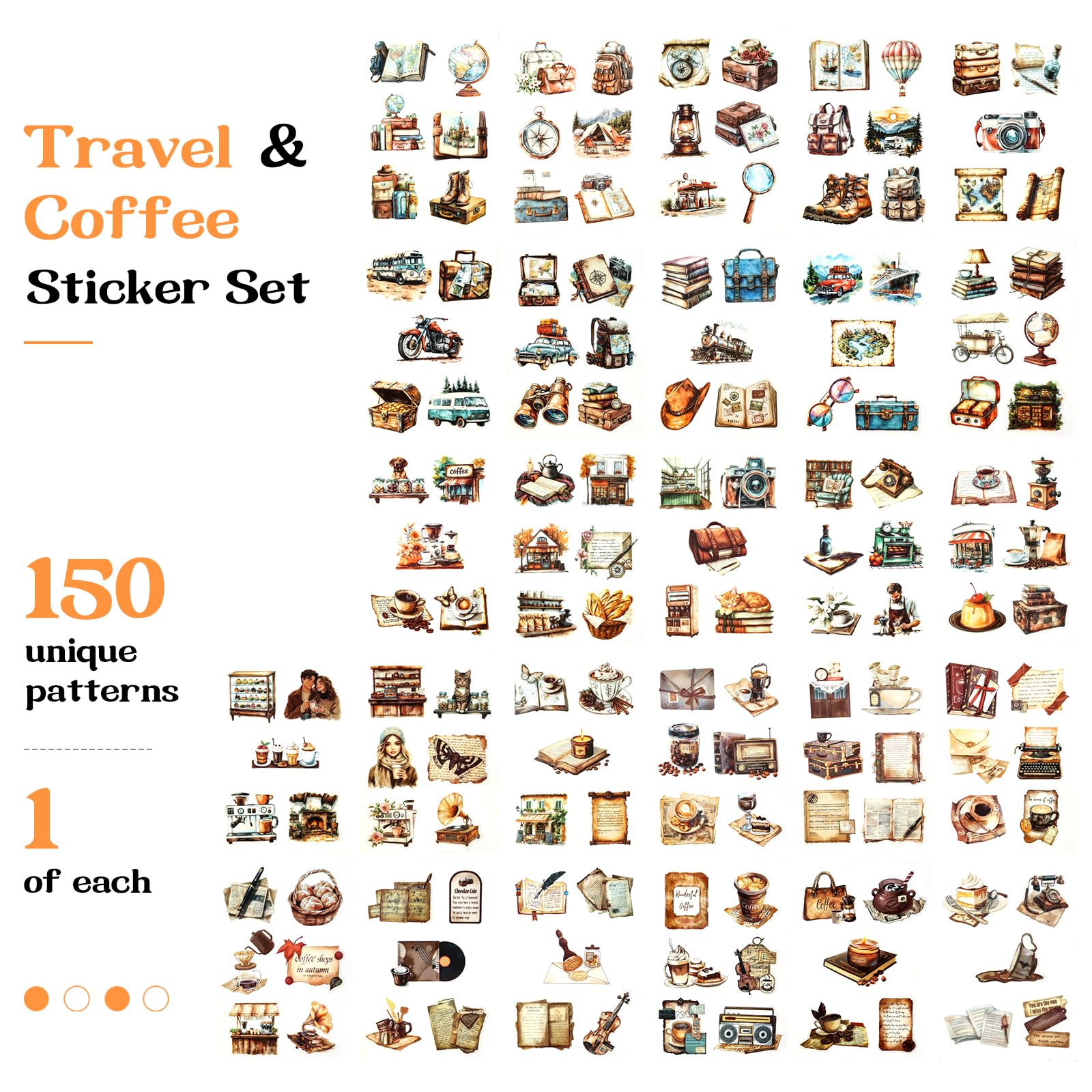 Vintage Coffee Stickers - 150 Pack for Scrapbooking -2