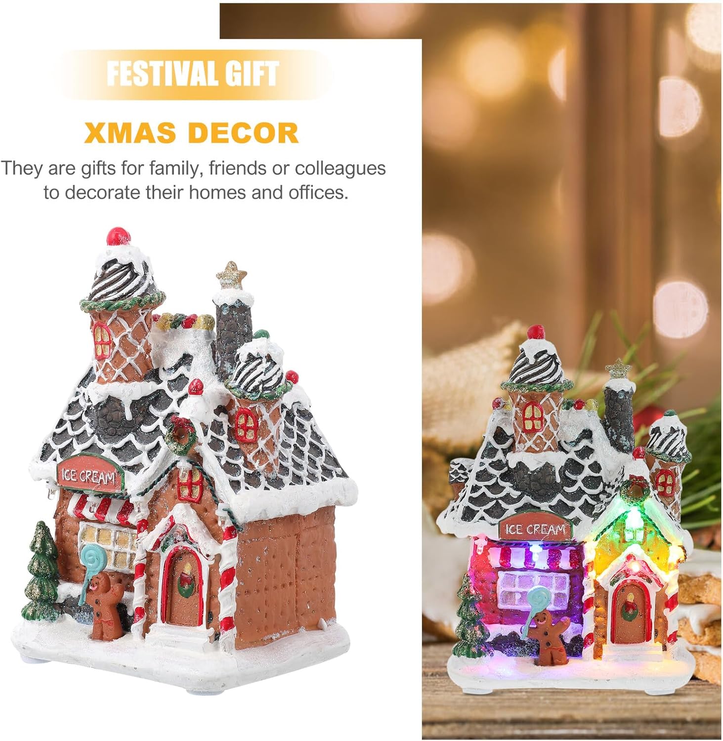 Luminous Resin Gingerbread House Christmas Ornament with LED Lights, Xmas Desktop Glowing Decor for Winter Village Display and Holiday Home Decoration