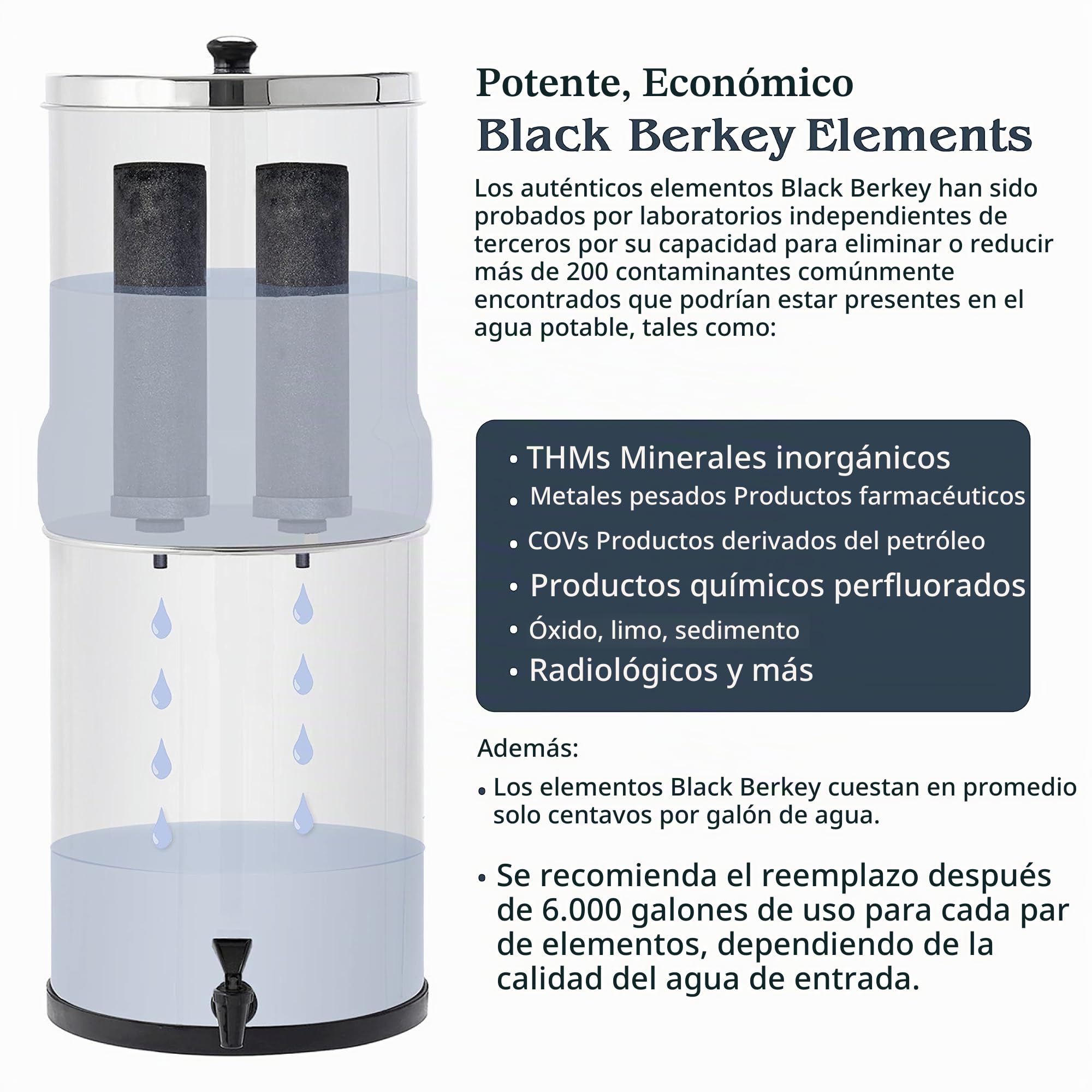 Royal Berkey Filtro de agua + 2 elementos purificadores negros Sistema de filtración Acero Reino Unido