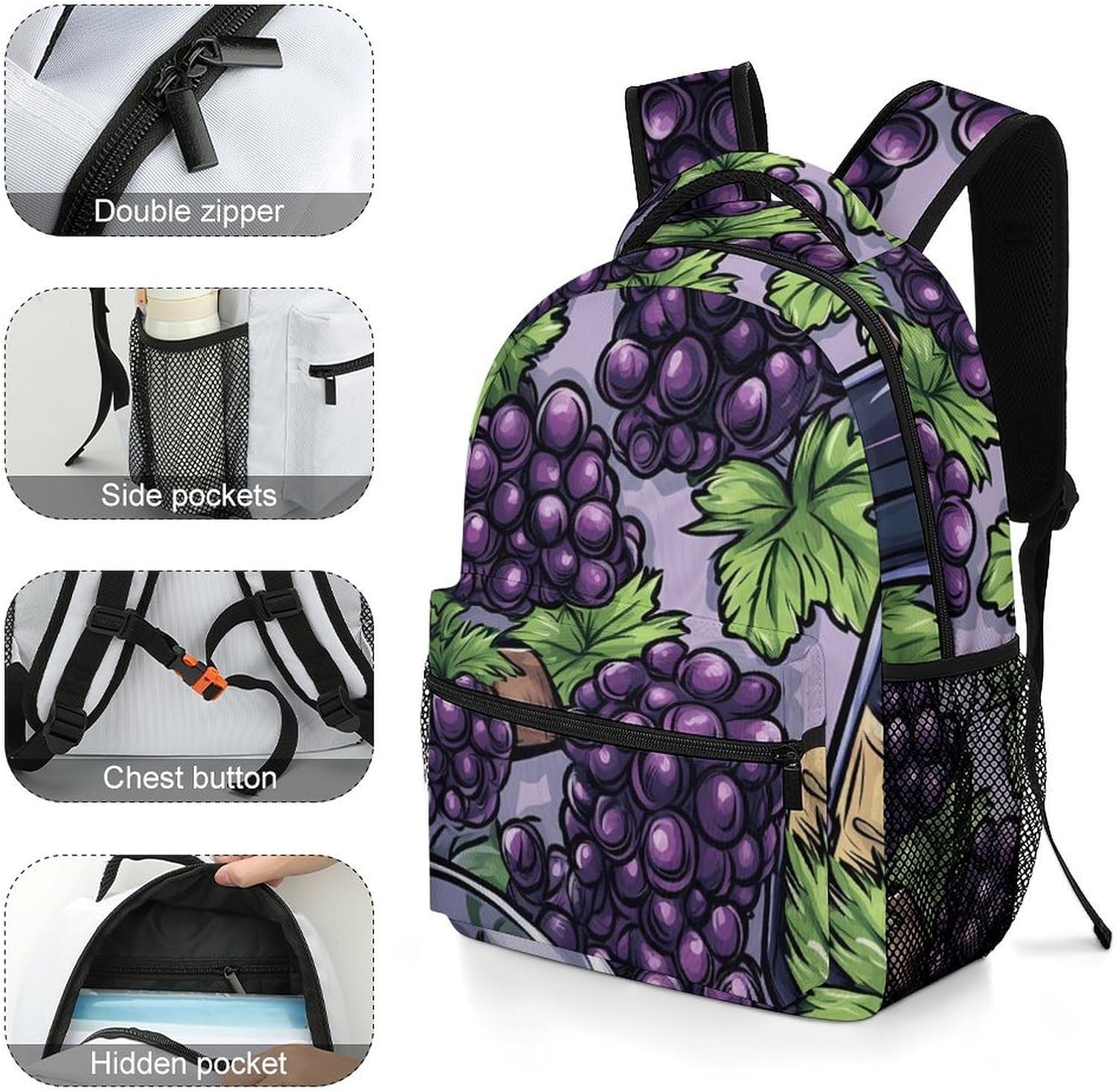 Wine Glasses Grape Bottles Unisex Backpack Casual Daypacks Lightweight Shoulders Bag for Camping Hiking Travel